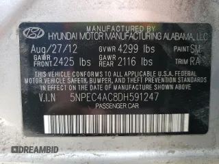 2013 Hyundai Sonata Limited with VIN 5NPEC4AC8DH591247, listed as a Copart auction lot 52420295 with 129,182 mi miles and Salvage Title. Bid and sale history available at carsss.com. Image 12.