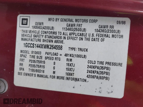 1998 Chevrolet S-10 with VIN 1GCCS144XWK264558, listed as a IAAI auction lot 41560611 with 216,629 mi miles. Bid and sale history available at carsss.com. Image 9.