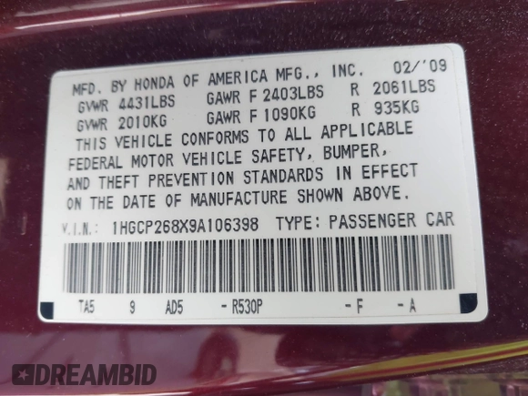 2009 Honda Accord EX-L z VIN 1HGCP268X9A106398, wystawiony jako IAAI lot #42297148 z przebiegiem 162 858 mil mil oraz . Historia ofert i sprzedaży dostępna na DreamBid. Obrazek 9.