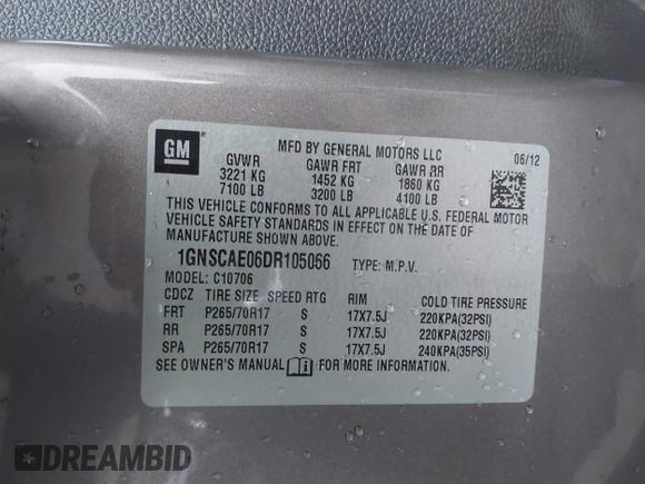 2013 Chevrolet Tahoe LS with VIN 1GNSCAE06DR105066, listed as a IAAI auction lot 41586288 with 161,639 mi miles and . Bid and sale history available at DreamBid. Image 9.