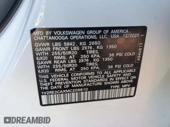 2021 Volkswagen Atlas SE with VIN 1V2RE2CAXMC209810, listed as a Copart auction lot 48430845 with 72,215 mi miles and Non repairable. Bid and sale history available at DreamBid. Image 14.