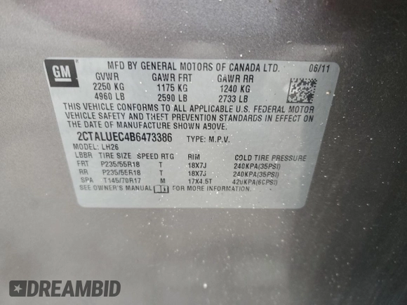 2011 GMC Terrain SLT-1 with VIN 2CTALUEC4B6473386, listed as a Copart auction lot 44560625 with 183,909 mi miles and Salvage title. Bid and sale history available at DreamBid. Image 16.