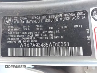 2005 BMW X3 3.0i with VIN WBXPA93435WD10068, listed as a IAAI auction lot 42083230 with 236,394 mi miles. Bid and sale history available at carsss.com. Image 9.