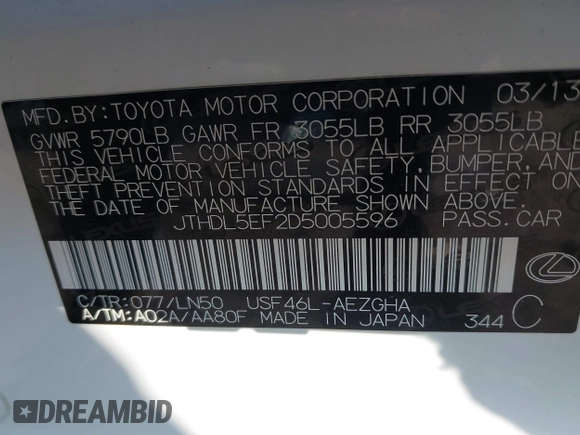 2013 Lexus LS 460 L with VIN JTHDL5EF2D5005596, listed as a IAAI auction lot 41498678 with 105,403 mi miles and . Bid and sale history available at DreamBid. Image 9.