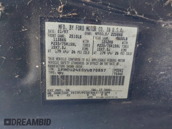 1997 Ford Explorer с VIN 1FMCU24E0VUB70857, выставлен на аукционе IAAI как лот 42522220 с пробегом 196 626 миль миль и . История ставок и продаж доступна на DreamBid. Изображение 9.