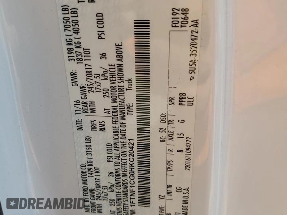 2017 Ford F-150 XL with VIN 1FTNF1CG0HKC20421, listed as a Copart auction lot 46412525 with 93,707 mi miles and Salvage title. Bid and sale history available at DreamBid. Image 12.
