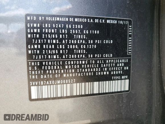 2018 Volkswagen Tiguan S z VIN 3VV1B7AX0JM068527, wystawiony jako Copart lot #51419805 z przebiegiem 86 169 mil mil oraz Szkoda całkowita • Salvage title. Historia ofert i sprzedaży dostępna na DreamBid. Obrazek 13.