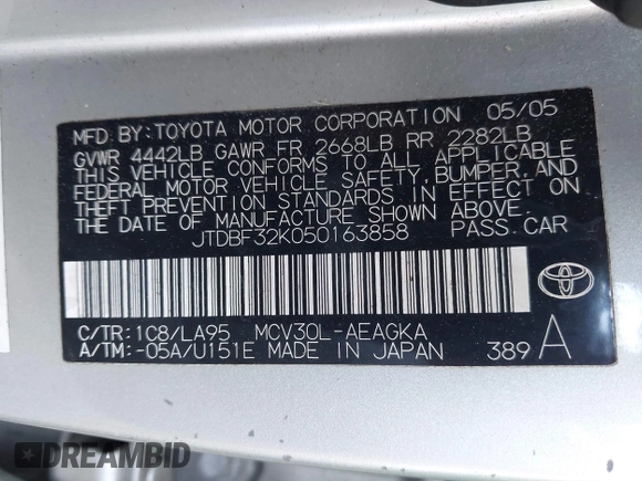 2005 Toyota Camry LE with VIN JTDBF32K050163858, listed as a IAAI auction lot 42004768 with 350,164 mi miles and . Bid and sale history available at DreamBid. Image 9.