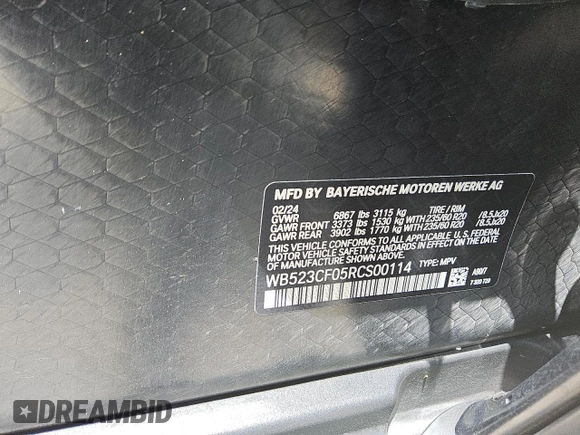2024 BMW iX xDrive50 z VIN WB523CF05RCS00114, wystawiony jako Copart lot #56997255 z przebiegiem 12 548 mil mil oraz Czysty tytuł • Clean title. Historia ofert i sprzedaży dostępna na DreamBid. Obrazek 12.