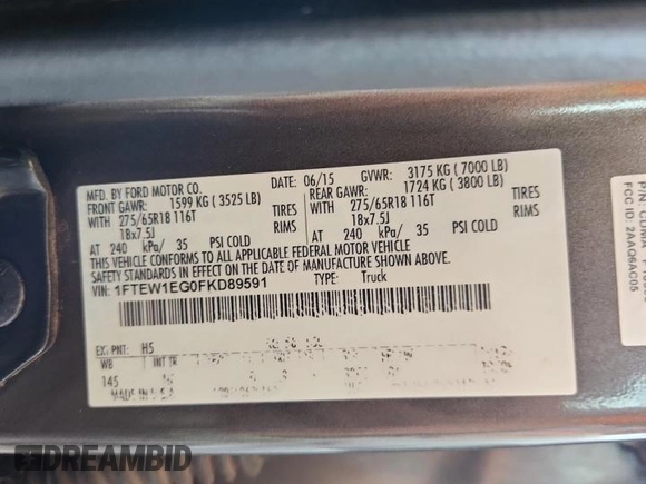 2015 Ford F-150 XLT with VIN 1FTEW1EG0FKD89591, listed as a Copart auction lot 64042555 with 98,638 mi miles and Salvage title. Bid and sale history available at DreamBid. Image 12.