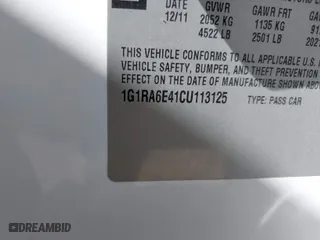 2012 Chevrolet Volt with VIN 1G1RA6E41CU113125, listed as a IAAI auction lot 41688308 with 1 mi miles. Bid and sale history available at carsss.com. Image 8.