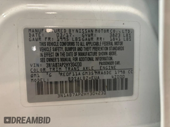 2017 Nissan Sentra SV with VIN 3N1AB7AP2HY304230, listed as a Copart auction lot 50472235 with 168,760 mi miles and Clean title. Bid and sale history available at DreamBid. Image 10.