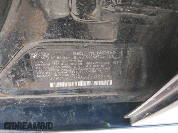 2007 BMW 3 Series 328xi с VIN WBAVC93567K032567, выставлен на аукционе IAAI как лот 42335514 с пробегом Не указан миль и . История ставок и продаж доступна на DreamBid. Изображение 9.