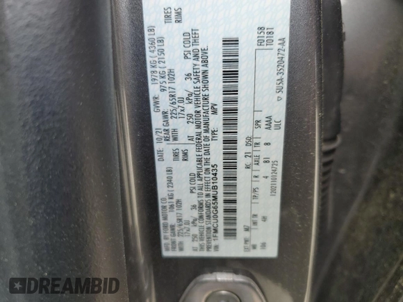 2021 Ford Escape SE with VIN 1FMCU0G65MUB10435, listed as a Copart auction lot 51562635 with 58,511 mi miles and Salvage title. Bid and sale history available at DreamBid. Image 13.