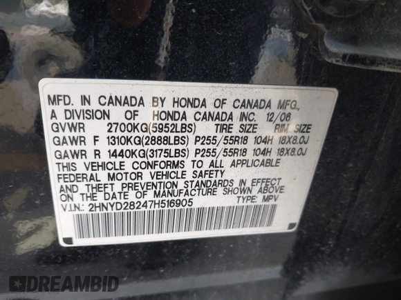 2007 Acura MDX with VIN 2HNYD28247H516905, listed as a IAAI auction lot 41655271 with 216,416 mi miles. Bid and sale history available at carsss.com. Image 9.
