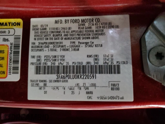 2019 Ford Fusion Hybrid SE with VIN 3FA6P0LU0KR220591, listed as a Copart auction lot 73487712 with 102,599 mi miles. Bid and sale history available at carsss.com. Image 14.