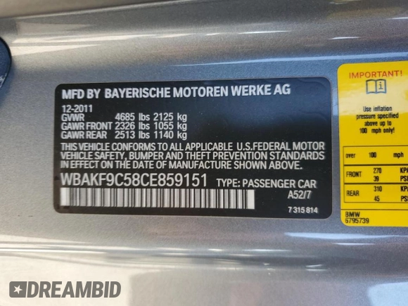 2012 BMW 3 Series 335i xDrive with VIN WBAKF9C58CE859151, listed as a Copart auction lot 48224045 with 0 mi miles and Salvage Title. Bid and sale history available at carsss.com. Image 14.