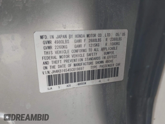 2005 Acura RL with VIN JH4KB16545C019697, listed as a IAAI auction lot 41880820 with Not provided miles and . Bid and sale history available at DreamBid. Image 9.