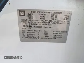 2013 GMC Terrain SLE with VIN 2GKALSEK3D6383449, listed as a IAAI auction lot 42574533 with 162,764 mi miles and . Bid and sale history available at DreamBid. Image 9.