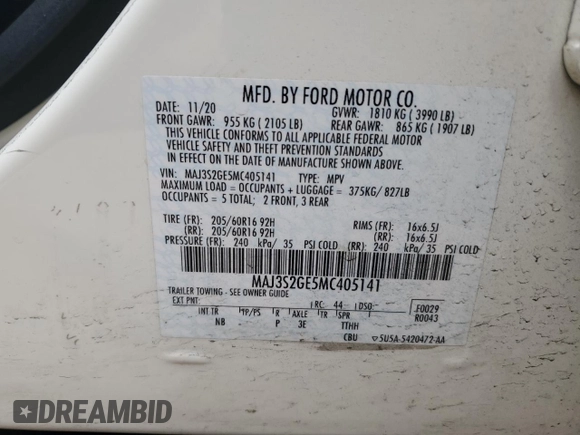 2021 Ford EcoSport SE with VIN MAJ3S2GE5MC405141, listed as a Copart auction lot 57126585 with 39,874 mi miles and Salvage title. Bid and sale history available at DreamBid. Image 13.