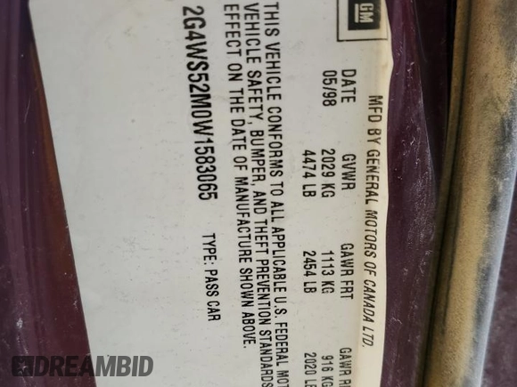 1998 Buick Century Custom with VIN 2G4WS52M0W1583065, listed as a Copart auction lot 68488434 with 94,230 mi miles and Salvage Title. Bid and sale history available at carsss.com. Image 14.