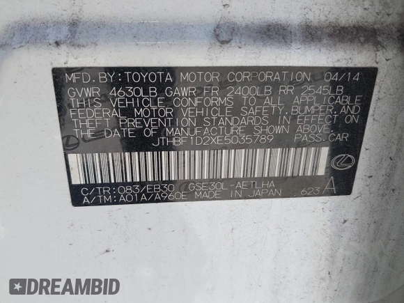 2014 Lexus IS 250 z VIN JTHBF1D2XE5035789, wystawiony jako IAAI lot #42288890 z przebiegiem 187 577 mil mil oraz . Historia ofert i sprzedaży dostępna na DreamBid. Obrazek 9.