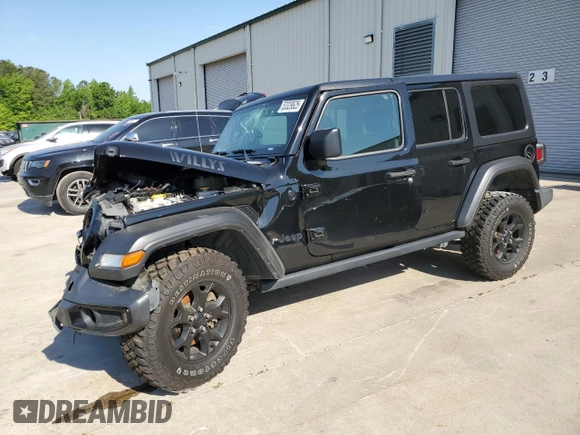 2021 Jeep Wrangler Unlimited Willys with VIN 1C4HJXDG4MW529583, listed as a Copart auction lot 53329625 with 119,697 mi miles and Salvage title. Bid and sale history available at DreamBid. Image 1.