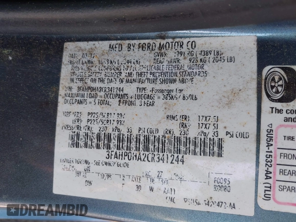 2012 Ford Fusion SE with VIN 3FAHP0HA2CR341244, listed as a IAAI auction lot 42615835 with 214,335 mi miles and . Bid and sale history available at DreamBid. Image 9.