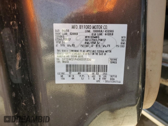 2005 Ford F-250 XL with VIN 1FTSW21P45ED31320, listed as a Copart auction lot 46085614 with 276,566 mi miles and Salvage title. Bid and sale history available at DreamBid. Image 13.