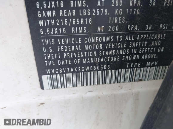 2016 Volkswagen Tiguan S with VIN WVGBV7AX2GW550558, listed as a IAAI auction lot 41553304 with 100,864 mi miles and . Bid and sale history available at DreamBid. Image 9.