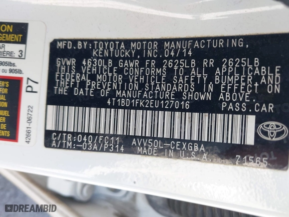 2014 Toyota Camry Hybrid LE with VIN 4T1BD1FK2EU127016, listed as a IAAI auction lot 41683491 with 173,227 mi miles. Bid and sale history available at carsss.com. Image 9.