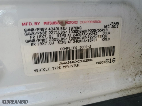 2012 Mitsubishi RVR GT with VIN JA4AJ4AUXCZ602084, listed as a Copart auction lot 73582334 with 167978 miles and Salvage Title. Bid and sale history available at carsss.com. Image 12.