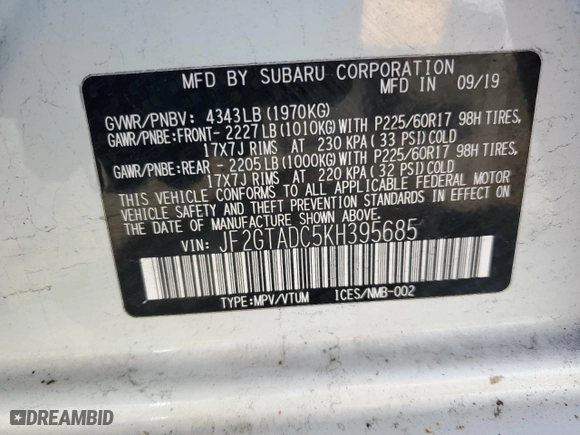2019 Subaru Crosstrek Premium with VIN JF2GTADC5KH395685, listed as a Copart auction lot 49278955 with 54,364 mi miles and Salvage Title. Bid and sale history available at carsss.com. Image 13.
