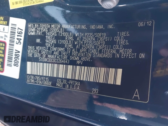 2012 Toyota Sienna SE with VIN 5TDXK3DC0CS264643, listed as a IAAI auction lot 42004082 with 118,675 mi miles. Bid and sale history available at carsss.com. Image 9.
