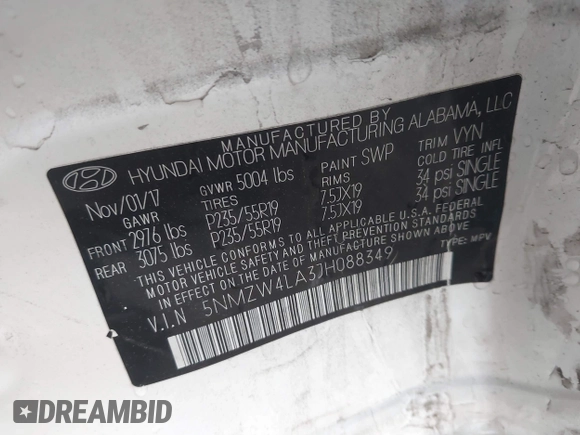 2018 Hyundai Santa Fe Ultimate with VIN 5NMZW4LA3JH088349, listed as a IAAI auction lot 42168983 with 66,884 mi miles and . Bid and sale history available at DreamBid. Image 9.