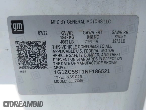 2022 Chevrolet Malibu LS with VIN 1G1ZC5ST1NF186521, listed as a IAAI auction lot 41704942 with 72,337 mi miles and . Bid and sale history available at DreamBid. Image 9.