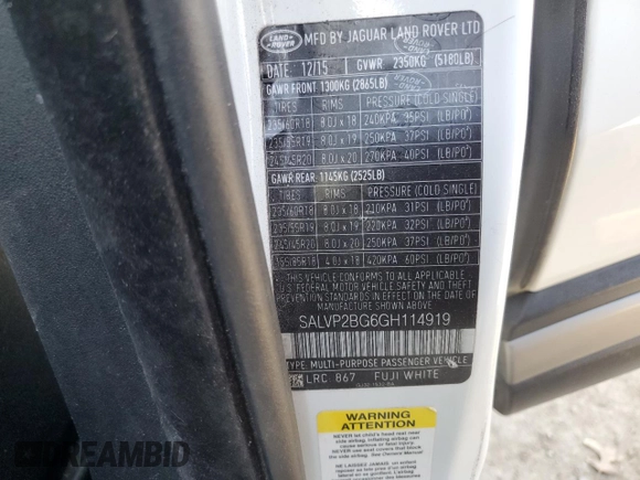 2016 Land Rover Range Rover Evoque SE with VIN SALVP2BG6GH114919, listed as a Copart auction lot 49082805 with 123,911 mi miles and Salvage title. Bid and sale history available at DreamBid. Image 14.
