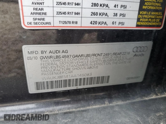 2010 Audi A3 with VIN WAUKJBFM1AA145083, listed as a Copart auction lot 83530844 with 95,363 mi miles and Salvage title. Bid and sale history available at DreamBid. Image 12.