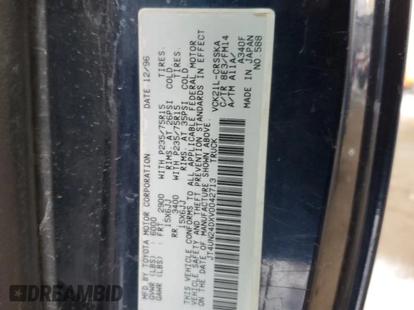 1997 Toyota T100 SR5 with VIN JT4UN24DXV0042713, listed as a Copart auction lot 41850085 with 271,722 mi miles and Salvage Title. Bid and sale history available at DreamBid. Image 12.