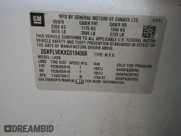 2012 GMC Terrain SLT-1 z VIN 2GKFLVEKXC6194366, wystawiony jako Copart lot #41890435 z przebiegiem 124 192 mil mil oraz Szkoda całkowita • Salvage title. Historia ofert i sprzedaży dostępna na DreamBid. Obrazek 15.