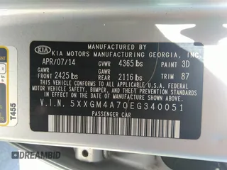 2014 Kia Optima LX with VIN 5XXGM4A70EG340051, listed as a IAAI auction lot 42048762 with 146,519 mi miles. Bid and sale history available at carsss.com. Image 9.