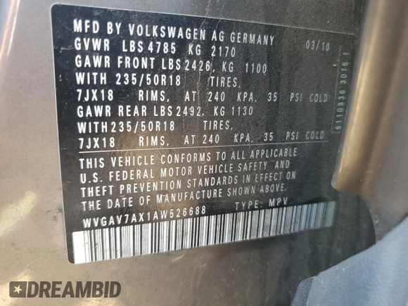 2010 Volkswagen Tiguan Wolfsburg Edition z VIN WVGAV7AX1AW526688, wystawiony jako Copart lot #53877915 z przebiegiem 185 204 mil mil oraz Szkoda całkowita • Salvage title. Historia ofert i sprzedaży dostępna na DreamBid. Obrazek 13.