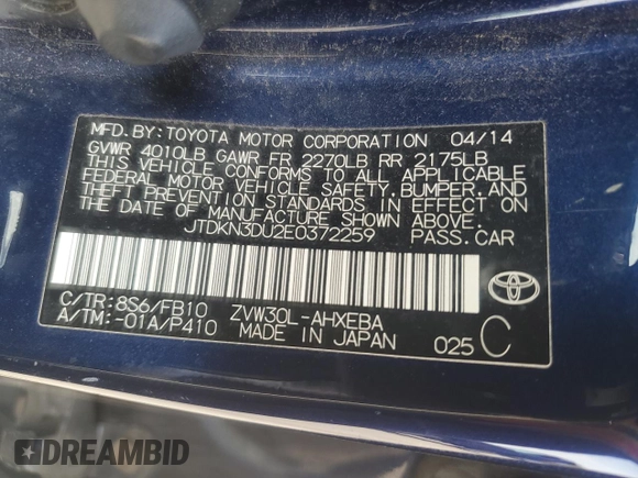 2014 Toyota Prius Four with VIN JTDKN3DU2E0372259, listed as a Copart auction lot 53514355 with 298,989 mi miles and Clean Title. Bid and sale history available at carsss.com. Image 12.