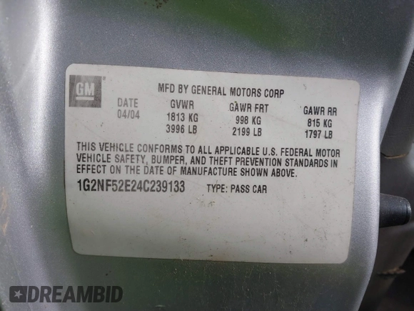 2004 Pontiac Grand Am SE1 with VIN 1G2NF52E24C239133, listed as a IAAI auction lot 41458613 with 149,815 mi miles and . Bid and sale history available at DreamBid. Image 9.