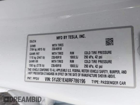 2024 Tesla Model 3 with VIN 5YJ3E1EA8RF786196, listed as a IAAI auction lot 40780675 with 5,959 mi miles and . Bid and sale history available at DreamBid. Image 9.