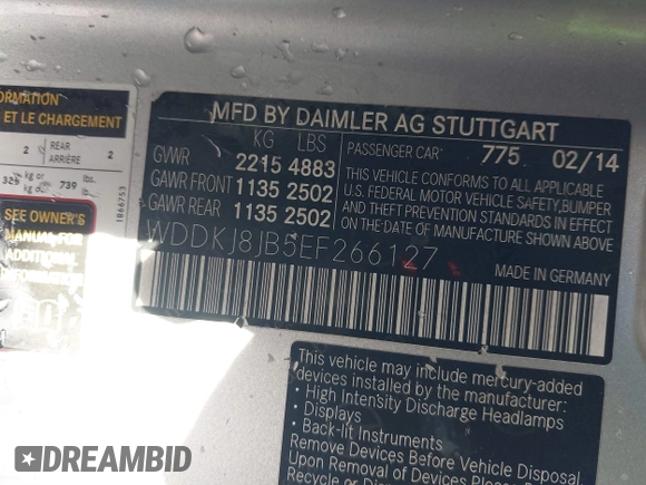 2014 Mercedes-Benz E 350 with VIN WDDKJ8JB5EF266127, listed as a IAAI auction lot 41413588 with 115,208 mi miles and . Bid and sale history available at DreamBid. Image 9.