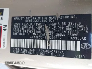 2011 Toyota Camry LE with VIN 4T1BF3EK4BU209882, listed as a IAAI auction lot 41853056 with 156,589 mi miles and . Bid and sale history available at carsss.com. Image 9.