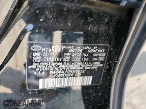 2017 Hyundai Elantra SE with VIN KMHD84LF0HU433030, listed as a Copart auction lot 59185345 with 77,776 mi miles and Salvage title. Bid and sale history available at DreamBid. Image 12.
