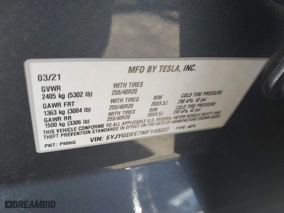 2021 Tesla Model Y Long Range with VIN 5YJYGDEE7MF149037, listed as a IAAI auction lot 41252869 with NaN miles. Bid and sale history available at carsss.com. Image 9.