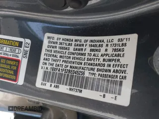 2011 Honda Civic LX with VIN 19XFA1F52BE045256, listed as a IAAI auction lot 42170028 with 222,168 mi miles and . Bid and sale history available at DreamBid. Image 9.